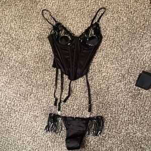 Foreplay Black Fringe Corset Set with Pasties, Size XS, New With Tags